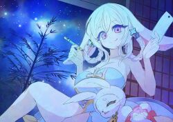 2girls animal_costume animal_ears arch_bishop_(ragnarok_online) bamboo blue_dress blue_sky blush braid braided_hair_rings breasts cat_girl cleavage closed_mouth commentary_request cross dress feet_out_of_frame floppy_ears furry furry_female hair_rings holding holding_pencil indoors large_breasts looking_at_viewer medium_hair multiple_girls night night_sky noxxia39 pencil purple_eyes rabbit_costume rabbit_ears rabbit_girl ragnarok_online shouji sitting sky sliding_doors smile star_(sky) starry_sky strapless strapless_dress summoner_(ragnarok_online) tanabata white_hair