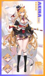 1girl absurdres ahoge assault_rifle black_boots black_jacket black_skirt blonde_hair blue_eyes blush boots breasts cleavage collared_shirt commentary crop_top daewoo_k2 demon_horns demon_tail detached_wings full_body grin gun hat hibiwa highres holding holding_gun holding_weapon horns jacket knee_boots lace-up_boots lace_trim large_breasts long_hair long_sleeves looking_at_viewer midriff mini_wings miniskirt multiple_expressions necktie nose_blush off_shoulder open_clothes open_jacket original pleated_skirt red_necktie rifle shirt short_necktie single_wing skindentation skirt smile solo standing tail thigh_strap thighs top_hat very_long_hair weapon white_shirt wings zoom_layer