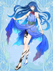 1boy ankle_strap armlet asukai_fujihiko bare_shoulders bead_belt black_sandals blue_background blue_dress blue_hair blue_nails bracelet closed_mouth crossdressing crossdressing_(mtf) crossed_legs dairoku_ryouhei dress earrings full_body gradient_clothes gradient_dress green_sash hair_between_eyes halter_dress halterneck jammers jewelry l_(matador) long_hair looking_down male_focus male_swimwear nail_polish necklace platform_sandals purple_eyes red_dress sandals sash single_sidelock skirt_hold sleeveless sleeveless_dress smile solo standing starry_hair thigh_strap toenail_polish toenails trap very_long_hair watson_cross