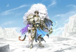 1boy 1girl absurdres animal_ears armor armored_boots arowana2111 bandaged_hand bandages boots brown_hair brown_tail cat_ears cat_girl cat_tail commentary couter day dress english_commentary full_armor full_body gauntlets hair_between_eyes hand_up height_difference high_heels highres long_hair looking_at_viewer original outstretched_arm over-kneehighs pauldrons purple_hair rerebrace serious shoes short_dress shoulder_armor tail thighhighs underbust vambraces white_shoes winter