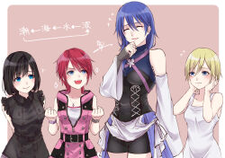 4girls alternate_hairstyle aqua_(kingdom_hearts) arms_behind_back bare_shoulders black_hair black_shirt black_shorts blonde_hair blue_eyes blue_hair blush bracelet clenched_hands closed_eyes closed_mouth collarbone cowboy_shot detached_sleeves dress female_focus hairstyle_switch hand_on_own_chin hands_on_own_cheeks hands_on_own_face highres hood hoodie japanese_text jewelry kagachi_118 kairi_(kingdom_hearts) kingdom_hearts kingdom_hearts_358/2_days kingdom_hearts_birth_by_sleep kingdom_hearts_ii kingdom_hearts_iii looking_at_another medium_hair multiple_girls namine necklace open_mouth pink_hoodie red_hair shirt short_hair shorts sleeveless smile spaghetti_strap teeth thighs unzipped upper_teeth_only white_dress xion_(kingdom_hearts) zipper zipper_pull_tab