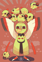 ... ? akadako animal_focus arms_up bird black_eyes creatures_(company) closed_eyes flying_sweatdrops full_body game_freak gen_2_pokemon looking_at_another looking_at_viewer looking_up motion_lines natu nintendo no_humans notice_lines on_head one-hour_drawing_challenge pokemon pokemon_(creature) pokemon_on_head red_background standing straight-on sweat too_many xatu zzz