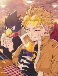 2boys animal_head arm_rest arms_on_table autumn autumn_leaves beak beard_stubble bird_boy black_gloves black_shirt blonde_hair boku_no_hero_academia closed_eyes collared_jacket commentary_request day earrings eating eyewear_on_head facial_hair feathered_wings fingernails food food_in_mouth food_wrapper forked_eyebrows fur-trimmed_jacket fur_trim gloves hands_up hawks_(boku_no_hero_academia) highres holding holding_food jacket jewelry leaf light_blush long_sleeves looking_at_food male_focus mark_under_eye multiple_boys open_clothes open_jacket outdoors popped_collar print_shirt red_eyes red_wings roasted_sweet_potato shirt short_hair smile steaming_food stubble stud_earrings sugi_wtnb08 sunlight sweet_potato table tinted_eyewear tokoyami_fumikage tree twitter_username upper_body wings wooden_table wristband yellow-tinted_eyewear yellow_jacket