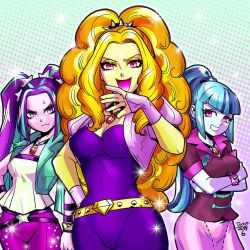 3girls adagio_dazzle aria_blaze blue_skin bodysuit buckle colored_skin cropped_jacket eyeshadow grin jewelry makeup multicolored_hair multiple_girls my_little_pony my_little_pony:_equestria_girls my_little_pony:_friendship_is_magic necklace ojou-sama_pose open_mouth orange_hair pink_skin ponytail smile sonata_dusk twintails