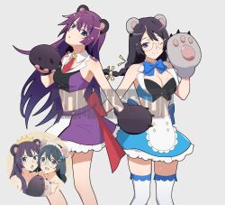 Rule 34 | 2girls, :o, alternate costume, animal ears, animal hands, apron, arm up, bear ears, black bra, black hair, blue bow, blue bowtie, blue eyes, blue skirt, blue trim, bow, bowtie, bra, braided twintails, check clothing, closed mouth, clothing request, collar, commentary, commentary request, cosplay, cowboy shot, crossover, crown, double-parted bangs, english commentary, fake animal ears, fang, fooring, frilled skirt, frilled thighhighs, frills, glasses, gloves, hair between eyes, hand to hand, hanekawa tsubasa, highres, inset, long hair, long sidelocks, looking at viewer, maid apron, maid headdress, mixed-language commentary, monogatari (series), multicolored skirt, multiple girls, necktie, one eye closed, open mouth, parted lips, partial commentary, paw gloves, paw pose, purple bra, purple eyes, purple hair, purple skirt, red necktie, round eyewear, semi-transparent, senjougahara hitagi, short necktie, sidelocks, simple background, skin fang, skirt, smile, split mouth, star ornament, teeth, thighhighs, underwear, upper teeth only, v-shaped eyebrows, watermark, white background, white collar, white skirt, white thighhighs, yuri kuma arashi, zettai ryouiki