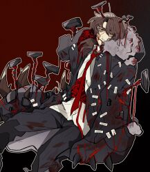 1boy bear_claws blood blood_on_clothes brown_eyes brown_hair claws collared_shirt e.g.o_(project_moon) facial_hair full_body glasses gmno_6 gregor_(project_moon) grey_pants hex_nail_(e.g.o) highres limbus_company long_hair low_ponytail male_focus nail_(hardware) nail_hair_ornament necktie pants paw_sleeves ponytail project_moon red_background red_necktie red_yarn shirt simple_background sitting solo stitches stuffing white_shirt