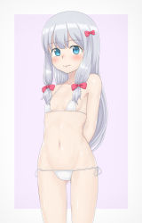 Rule 34 | 1girl, arms behind back, bikini, blue eyes, bow, breasts, cowboy shot, eromanga sensei, female focus, groin, hair bow, highres, izumi sagiri, long hair, low-tied long hair, navel, pink bow, sc naru, side-tie bikini bottom, silver hair, small breasts, smile, solo, swimsuit