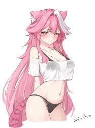 1girl absurdres animal_ears armpit_crease bare_shoulders bikini black_bikini blush breasts cleavage closed_mouth collarbone commentary cropped_legs hair_intakes highres hololive hololive_english iuuu_ru large_breasts long_hair looking_at_viewer multicolored_hair navel panther_ears panther_girl panther_tail pink_hair raora_panthera see-through_clothes see-through_shirt shirt short_sleeves signature simple_background solo stomach streaked_hair swimsuit tail thighs two-tone_hair virtual_youtuber white_background white_shirt yellow_eyes