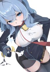 1girl absurdres ako_(blue_archive) animal_ears bell black_coat black_gloves black_skirt black_thighhighs blue_archive blue_eyes blue_hair breasts closed_mouth coat commentary_request cow_ears cow_horns cowbell fake_animal_ears fake_horns framed_breasts gloves hair_between_eyes hairband hand_on_own_hip highres holding horns k_cyp korean_commentary large_breasts leash looking_at_viewer medium_hair miniskirt neck_bell pencil_skirt sideboob sideboob_cutout simple_background skirt solo thighhighs thighs unworn_hairband white_background