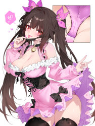 Rule 34 | 1girl, black corset, black mask, black thighhighs, blush, breasts, brown hair, butterfly-shaped pupils, cleavage, clothes lift, commentary, corset, cowboy shot, dress, flower tattoo, heart, highres, honkai: star rail, honkai (series), large breasts, low neckline, mark under both eyes, mask, mask pull, mouth mask, nail polish, nipple slip, nipples, panties, pantyshot, pink dress, pink nails, pink panties, red eyes, shoulder tattoo, simple background, skirt, skirt lift, solo, sparkle (honkai: star rail), spoken heart, symbol-shaped pupils, tattoo, thighhighs, thighs, tongue, tongue out, twintails, underwear, waterring, white background