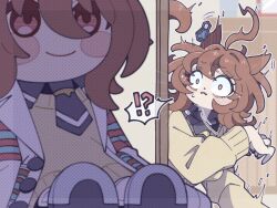 Rule 34 | !?, 1girl, agnes tachyon (umamusume), ahoge, bags under eyes, black necktie, black shirt, blush, brown hair, chemical structure, closed mouth, coat, collared shirt, earrings, expressive hair, hair between eyes, hand up, jewelry, lab coat, long sleeves, medium hair, motion lines, necktie, parted lips, scared, shirt, short necktie, single earring, smile, solo, speech bubble, spoken interrobang, surprised, sweatdrop, sweater, torasigure, umamusume, unusually open eyes, white coat, yellow sweater