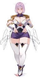 1girl armband black_leotard blush breasts cleavage covered_navel crown epaulettes gloves gridman_universe gridman_universe_(movie) halo hand_on_own_hip high_heels highleg highleg_leotard large_breasts leotard miniskirt pink_eyes pink_hair purple_skirt shee-p_(inemurisheep113) shinjou_akane shinjou_akane_(new_order) short_hair shrug_(clothing) skirt sleeveless smile solo standing thick_thighs thighhighs thighs tiara white_background white_gloves white_thighhighs wide_hips zettai_ryouiki