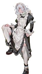 1boy alternate_costume apron bags_under_eyes black_dress black_eyes crossdressing dress dungeon_meshi elf enmaided frilled_apron frills full_body grey_hair highres looking_at_viewer maid maid_apron maid_headdress male_focus male_maid mithrun pointy_ears shoes short_hair shuiyemusan simple_background skirt_hold solo thighhighs wavy_hair white_apron white_background white_thighhighs