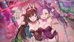 Rule 34 | 2girls, animal balloon, animal ears, aqua eyes, aqua hair, arm around waist, arm up, assault lily, asymmetrical bangs, asymmetrical docking, balloon, bare shoulders, black leotard, black thighhighs, blush, bow, bow hairband, bowtie, breast press, breasts, brown hair, checkered floor, cleavage, collarbone, colored inner hair, commentary request, copyright notice, covered navel, cowboy shot, detached collar, detached sleeves, elbow gloves, fake animal ears, fingerless gloves, flower, frilled gloves, frilled leotard, frilled sleeves, frills, garter straps, gloves, hair between eyes, hair bow, hair ornament, hair scrunchie, hairband, hand on another&#039;s waist, hieno hiro, high side ponytail, honma akehi, indoors, ishizuka fujino, jewelry, leotard, long hair, looking at another, looking to the side, lower teeth only, medium breasts, multicolored hair, multiple girls, official alternate costume, official art, open mouth, pink bow, pink bowtie, playboy bunny, purple flower, purple gloves, purple hairband, purple leotard, purple rose, purple scrunchie, rabbit balloon, rabbit ears, rabbit pose, raised eyebrow, ring, rose, scrunchie, short sleeves, side-by-side, sideways glance, smile, standing, strapless, strapless leotard, teeth, thighhighs, two-tone hair, very long hair, white flower, wrist cuffs, yellow eyes