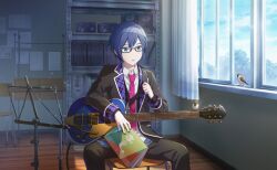 Rule 34 | 1boy, bespectacled, bird, black-framed eyewear, black jacket, black pants, blue eyes, blue hair, blue nails, blue sky, book, chair, collared shirt, colorful palette, curtains, fingernails, game cg, glasses, guitar, hair between eyes, holding, holding book, instrument, jacket, kaito (vocaloid), leo/need kaito, looking at viewer, male focus, nail polish, necktie, no seek no find (project sekai), official art, pants, pink necktie, project sekai, shirt, sitting, sky, solo, speaker, third-party source, tie clip, tree, vocaloid, white shirt, window