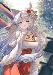 1girl animal_ear_fluff animal_ear_piercing animal_ears bare_shoulders blue_eyes blue_hair blue_nails bow breasts commentary_request commission falling_leaves fangs flower grey_hair hair_bow hakama heterochromia highres holding holding_sign indie_virtual_youtuber japanese_clothes kurage_cc large_breasts leaf looking_at_viewer lulebel miko mole mole_under_eye multicolored_hair nail_polish nontraditional_miko open_mouth red_flower red_hakama red_rose rose sign skeb_commission smile solo standing streaked_hair torii translated tree virtual_youtuber wide_sleeves yellow_eyes