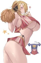 1girl arms_up ass black_panties blonde_hair breasts calmgreentori cheerleader crop_top cynthia_(pokemon) garchomp gen_4_pokemon grey_eyes hair_ornament hair_over_one_eye highres holding holding_pom_poms large_breasts long_hair looking_at_viewer midriff navel nintendo panties pokemon pokemon_dppt pom_pom_(cheerleading) pom_poms red_skirt simple_background skirt solo underboob underwear very_long_hair