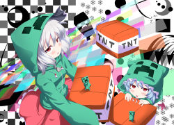 2girls arrow_(projectile) blue_hair blush creeparka creeper explosive fang female_focus holding hood hoodie konpaku_youmu meracle minecraft moon multiple_girls open_mouth red_eyes remilia_scarlet silhouette snowflakes tnt tnt_block_(minecraft) touhou white_hair zipper