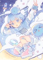 &gt;_&lt; 1girl :d bandaid bandaid_on_leg blue_eyes blue_hair blunt_bangs blush cloud double_v full_body highres indie_utaite jacket jellyfish long_sleeves looking_at_viewer open_mouth original outstretched_arm rocket shoes short_hair smile solo sparkle star_(symbol) v w w_over_eye wotoha_(character) zuho_(vega)