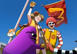 2024_attempted_assassination_of_donald_trump 2boys 2girls :d absurdres arm_up birdie_the_early_bird black_necktie black_shorts blue_sky brown_hair burger chanhama clear_sky closed_eyes clown clown_boy commentary_request day drinking_straw flag food food_bite food_on_face gloves grimace_(mcdonald&#039;s) hamburglar hamster headset highres holding holding_burger holding_food imadake_dabuchi_tabemi jacket looking_at_viewer mcdonald&#039;s multiple_boys multiple_girls necktie open_mouth outdoors parody red_gloves red_hair red_shirt ronald_mcdonald shirt short_hair shorts sky smile striped_clothes striped_shirt sunglasses two_side_up upper_body vest white_shirt yellow_jacket yellow_vest