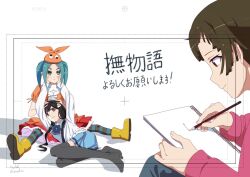 Rule 34 | aqua eyes, aqua hair, araragi tsukihi, boots, drawing (action), hands on another&#039;s face, holding, holding pencil, holding sketchbook, looking at object, monogatari (series), ononoki yotsugi, orange shirt, pencil, sengoku nadeko, shadow, shirt, short twintails, sitting, sketchbook, solal girardin, storyboard, translation request, twintails, white background, white shirt