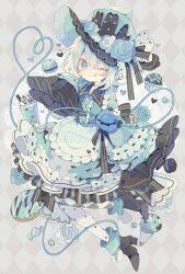 1girl argyle_background argyle_clothes black_boots black_hat boots buttons candy closed_mouth diamond_button doily dress food frilled_dress frilled_sleeves frills full_body green_dress green_eyes green_hair hair_between_eyes hat heart heart_of_string high_heel_boots high_heels highres ice_cream komeiji_koishi long_sleeves macaron muffin nikorashi-ka one_eye_closed pantyhose short_hair sleeves_past_fingers sleeves_past_wrists smile solo third_eye tongue tongue_out touhou white_pantyhose wide_sleeves