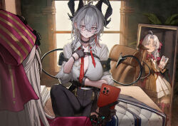 2girls aqua_eyes arm_pouch armband betabeet biting biting_glove black_armband black_bra black_choker black_gloves black_horns black_pants black_pouch black_tail blush bow bra bra_peek breasts carlotta_(wuthering_waves) cellphone choker collarbone commentary curled_horns demon_tail desk dress earrings gloves grey_hair hair_between_eyes hair_bow hashtag-only_commentary highres holding holding_phone horns jewelry key_earrings large_breasts long_hair looking_at_viewer multicolored_hair multiple_girls necktie on_desk pants parted_lips phone pink_bow red_eyes red_necktie reflection shirt shirt_tucked_in sitting smartphone streaked_hair striped_bow tail thighs underwear undone_necktie white_dress white_hair white_shirt wuthering_waves zani_(wuthering_waves)