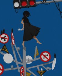 1girl absurdres barefoot bird black_dress black_hair blue_background commentary crow dress flower glaw hair_over_eyes highres holding holding_flower original short_hair sign solo traffic_light white_flower