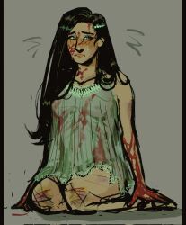 Rule 34 | 1girl, black hair, blood, blood from forehead, blood on arm, blood on clothes, blood on face, blood on hands, blood on leg, crying, crying with eyes open, dress, full body, grey background, highres, lace, lace-trimmed dress, lace trim, letterboxed, long hair, nekromaxxing, nipples, no pants, original, ribs, see-through clothes, see-through dress, seiza, short dress, sitting, solo, stomach, tears