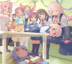 Rule 34 | 6+girls, :3, :d, ahoge, aqua eyes, bag, birthday party, black hair, black skirt, blonde hair, blue hair, blunt bangs, blunt ends, braid, braiding hair, brown eyes, brown hair, bush, cake, cellphone, closed eyes, colored inner hair, commentary, couch, cup, drinking glass, embarrassed, everyone, food, fujimi nemu, fushimi nodoka, genderswap, genderswap (mtf), grey hair, hair between eyes, hair ornament, hairband, hairclip, hairdressing, hands on own cheeks, hands on own face, holding, holding phone, hozuki kaede, hozuki momiji, indoors, kyarahiba, lap pillow, long hair, long sleeves, matching outfits, mother and daughter, multicolored hair, multiple girls, murosaki miyo, nagase miyako, neck ribbon, oka asahi, on couch, onii-chan wa oshimai!, open mouth, oyama mahiro, oyama matsuri, oyama mihari, pants, paper chain, party popper, phone, pink eyes, pink hair, pleated skirt, purple hair, red ribbon, ribbon, school bag, school uniform, shiina minori, shirt, short hair, side ponytail, sitting, skirt, sleeping, smartphone, smile, sparkle, streamers, suspender skirt, suspenders, sweater, table, takada satsuki, tenkawa nayuta, twin braids, two-tone hair, two side up, wavy mouth, white pants, white shirt, white sweater, yasaka mai