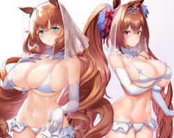 2girls animal_ears aqua_eyes bad_id bad_pixiv_id bikini blush breasts bridal_gauntlets bridal_lingerie bridal_veil bride brown_hair cleavage daiwa_scarlet_(umamusume) effort_star frilled_bikini frills hair_between_eyes hair_ribbon highres horse_ears horse_girl large_breasts lingerie long_hair looking_at_viewer maruzensky_(umamusume) multiple_girls navel parted_lips purple_eyes ribbon scowl sidelocks simple_background standing stomach swimsuit twintails umamusume underboob veil very_long_hair white_background white_bikini