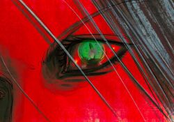 2boys angry blonde_hair close-up cloud_strife colored_skin eye_focus eye_reflection eyelashes final_fantasy final_fantasy_vii fire grab_2030 green_eyes grey_hair highres looking_at_another male_focus multiple_boys red_skin reflection sephiroth slit_pupils veins