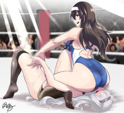 ass catfight commission hanabusa_(xztr3448) idolmaster idolmaster_cinderella_girls long_hair pixiv_commission sagisawa_fumika shijou_takane tagme wrestling wrestling_ring