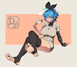 1girl blue_hair blush breasts dif_(difman) difman disgust dumpling eating feet food full_body large_breasts nails one_eye_covered orange_eyes original short_hair soles stirrup_legwear toeless_legwear