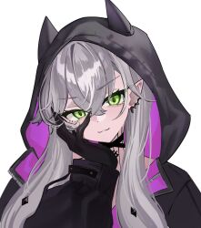 1girl black_hands black_jacket body_markings breasts choker colored_extremities crossed_bangs demon_girl demon_horns ear_piercing fate/grand_order fate_(series) green_eyes grey_hair hair_between_eyes highres hood horns jacket lilith_(fate) lilith_(first_ascension)_(fate) long_hair long_sleeves looking_at_viewer low_twintails medium_breasts mikon_(nicknqme) piercing smile solo twintails