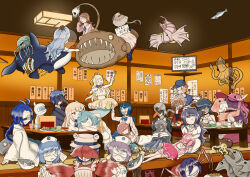Rule 34 | absurdres, ahoge, anglerfish, aquarium wa odoranai, armband, bandages, bandages over eyes, black eyes, blonde hair, blue hair, blush, bow, braid, brown hair, character request, chopsticks, commentary request, crab, drink, eel, everyone, facial hair, fish, flower, food, gender request, glasses, grey hair, hair between eyes, hair flower, hair ornament, hat, hat feather, highres, holding, holding chopsticks, holding microphone, mask, microphone, multiple girls, mustache, navel, open mouth, pink hair, plaid bow, purple hair, red bow, red eyes, red flower, sacabambaspis, sharp teeth, smile, squid, suzu (aquarium wa odoranai), teeth, television, translation request, umbrella jigsaw, veil