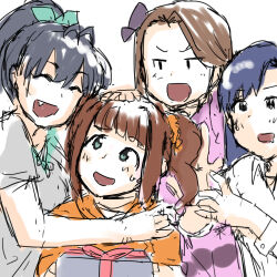 Rule 34 | annko, annoyed, black hair, blue eyes, blue hair, blue ribbon, brown hair, closed eyes, collared shirt, dress, fang, ganaha hibiki, hair ornament, hair ribbon, hair scrunchie, idolmaster, idolmaster (classic), jacket, kisaragi chihaya, looking at another, minase iori, open mouth, petting, pink dress, reaching, reaching towards another, ribbon, scrunchie, shirt, simple background, takatsuki yayoi, white shirt