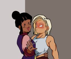 Rule 34 | 2girls, ^ ^, absurdres, android, android 18, assertive female, black hair, blonde hair, blush, breasts, cal monssi, chi-chi (dragon ball), chinese clothes, closed eyes, dark-skinned female, dark skin, dragon ball, dragonball z, dress, earrings, eyebrows hidden by hair, eyelashes, hair bun, hand on another&#039;s waist, highres, jewelry, looking at viewer, motion lines, multicolored clothes, multiple girls, open mouth, purple dress, shirt, short hair, sidelocks, simple background, single hair bun, sleeveless, sleeveless shirt, smile, speed lines, surprised, toned, toned female, turning head, waving, white shirt, yuri