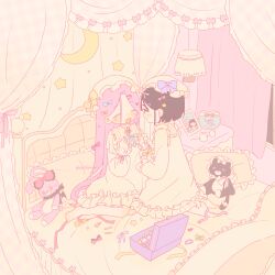 2girls alien_stage barefoot bow box chinese_commentary closed_eyes coldmeow commentary dress fishbowl frilled_pillow frills hair_bow hair_ornament hairclip hat heart heart_hair_ornament highres jellyfish lamp long_hair mizi_(alien_stage) multiple_girls nightgown on_bed open_mouth pillow pink_ribbon purple_bow ribbon short_hair signature sitting smile star_(symbol) star_hair_ornament stuffed_toy sua_(alien_stage) unworn_eyewear very_long_hair white_dress white_hat white_nightgown yellow_bow yellow_ribbon