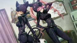 2girls akiha_rumiho akiha_rumiho_(chat_noir) amane_suzuha amane_suzuha_(chat_noir) animal_ears ass bell belt belt_around_waist belt_buckle black-framed_eyewear bodysuit braid breasts brown_hair buckle calendar_(object) cat_belt_buckle cat_ears cat_headgear chat_noir_costume_(steins;gate) clenched_teeth closed_curtains couch curtains drawing_board drill_hair dutch_angle fake_tail floating_hair future_gadget_lab game_cg gloves grin hair_tie hand_on_own_hip headgear helmet highres huke impossible_bodysuit impossible_clothes indoors latex latex_bodysuit long_hair looking_at_viewer medium_breasts multiple_girls narrowed_eyes neck_bell non-web_source official_art one_eye_closed outstretched_arm parted_lips pink-tinted_eyewear pink_eyes pink_hair purple_bodysuit purple_gloves refrigerator ringed_eyes shiny_clothes shiny_lips shoulder_pads skin_tight smile smirk square_pupils star_(symbol) star_print steins;gate steins;gate:_linear_bounded_phenogram stuffed_animal stuffed_toy tail teeth tinted_eyewear tsurime twin_braids twin_drills twintails upa_(steins;gate) whiteboard yellow-tinted_eyewear yellow_eyes