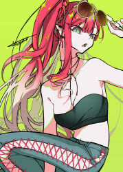 1girl absurdres baobhan_sith_(fate) bare_shoulders breasts earrings eyewear_on_head fate/grand_order fate_(series) green_background grey_eyes hand_up highres icrepki jewelry long_hair looking_at_viewer navel open_mouth pink_hair pointy_ears side_ponytail solo sunglasses