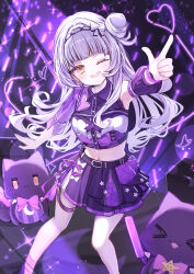 Rule 34 | 1girl, armpits, asymmetrical clothes, bare legs, bare shoulders, belt, crop top, detached sleeves, haidollo, hair bun, highres, hololive, idol, long hair, looking at viewer, midriff, murasaki shion, navel, one eye closed, open mouth, outstretched arm, purple shirt, purple skirt, shiokko (murasaki shion), shirt, single detached sleeve, single side bun, skirt, smile, solo, stage lights, standing, thigh strap, virtual youtuber, white hair, yellow eyes