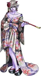 1girl armor artist_request black_nails blonde_hair bow breasts cleavage colored_skin demon_girl dragon_quest dragon_quest_tact dragon_quest_x earrings floral_print floral_print_kimono full_body geta hair_ornament holding holding_smoking_pipe horns japanese_armor jewelry large_breasts looking_to_the_side official_alternate_costume official_art pink_horns pixie_cut pointy_ears print_kimono purple_skin smirk smoking_pipe solo third-party_source valeria_(dragon_quest) waist_bow wide_sleeves