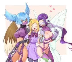 3girls belt bikini black_pantyhose black_scarf blonde_hair blue_eyes blue_hair blush boots bow bowtie breasts butterfly_hair_ornament butterfly_wings buttons claws cleavage closed_eyes collared_shirt commentary_request covered_eyes cowboy_shot digimon digimon_(creature) digimon_frontier double-breasted facial_mark fairimon feathered_wings garter_straps gloves groin hair_between_eyes hair_ornament hair_wings hairband hands_up heart highleg highleg_bikini highres insect_wings large_breasts locked_arms long_hair long_sleeves looking_at_another lower_teeth_only mask minamikuru mouth_mask multiple_girls navel official_alternate_costume open_mouth orimoto_izumi pantyhose parted_bangs pink_garter_straps purple_belt purple_bikini purple_bow purple_bowtie purple_footwear purple_hair purple_hairband purple_shirt purple_skirt scarf school_uniform shirt shoulder_pads shutumon sidelocks skirt skirt_set smile standing stomach swimsuit teeth thigh_boots visor wings