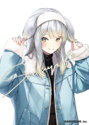 1girl animal_ears black_pants black_sweater blonde_hair blue_jacket blush buttons colored_inner_hair commentary_request company_name copyright_notice dog_ears dog_girl fur-trimmed_jacket fur-trimmed_sleeves fur_hairband fur_trim gradient_hair green_eyes grey_hair hairband hands_up high-waist_pants holding_own_ears jacket kagawa_ichigo long_hair long_sleeves looking_at_viewer multicolored_hair nijisanji official_art open_clothes open_jacket pants parted_lips raised_eyebrows sample_watermark shioriha_ruri sidelocks simple_background sleeves_past_wrists smile solo sweater turtleneck turtleneck_sweater upper_body virtual_youtuber watermark white_background white_hairband