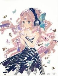 Rule 34 | 1girl, 2019, abstract, aqua eyes, artist name, black dress, bug, butterfly, butterfly hair ornament, commentary request, cropped torso, dress, hair ornament, hands up, headphones, insect, long hair, magnet (vocaloid), masking tape (medium), matsuzake, megurine luka, mixed media, parted lips, pink hair, solo, strapless, strapless dress, tearing up, traditional media, unconventional media, very long hair, vocaloid, white background