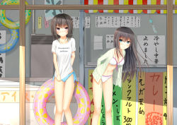 2girls bikini black_hair blush breasts cleavage green_eyes highres kurokami_(kurokaminohito) long_hair multiple_girls shirt smile swimsuit