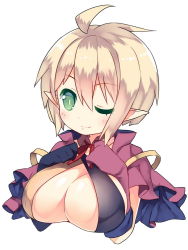 1girl ;) black_gloves blonde_hair blush breast_suppress breasts cleavage female_focus gloves green_eyes lafrenze_(33) large_breasts neck_ribbon one_eye_closed original pixiv_fantasia pixiv_fantasia_fallen_kings pointy_ears purple_gloves ribbon saru short_hair simple_background smile solo upper_body white_background