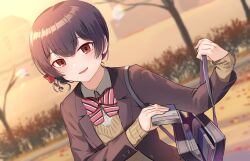 1girl bag black_hair black_jacket blazer blurry blurry_background bow bowtie carrying commentary day depth_of_field dress_shirt dutch_angle hair_bow idolmaster idolmaster_shiny_colors jacket kamille_(vcx68) long_sleeves looking_at_viewer morino_rinze open_mouth outdoors red_bow red_bowtie red_eyes school_bag school_uniform shirt short_hair smile solo sweater upper_body white_shirt wing_collar yellow_sweater