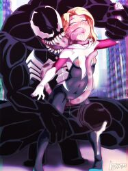 1boy 1girl blonde_hair blue_eyes blush breasts cleft_of_venus costume cum drooling ejaculation erection gwen_stacy highres kiss l-conhero large_penis long_tongue looking_up marvel medium_hair muscular muscular_male navel nipples nose open_clothes penis pussy pussy_juice small_breasts spider-man_(series) tears toes tongue venom_(marvel) white_eyes